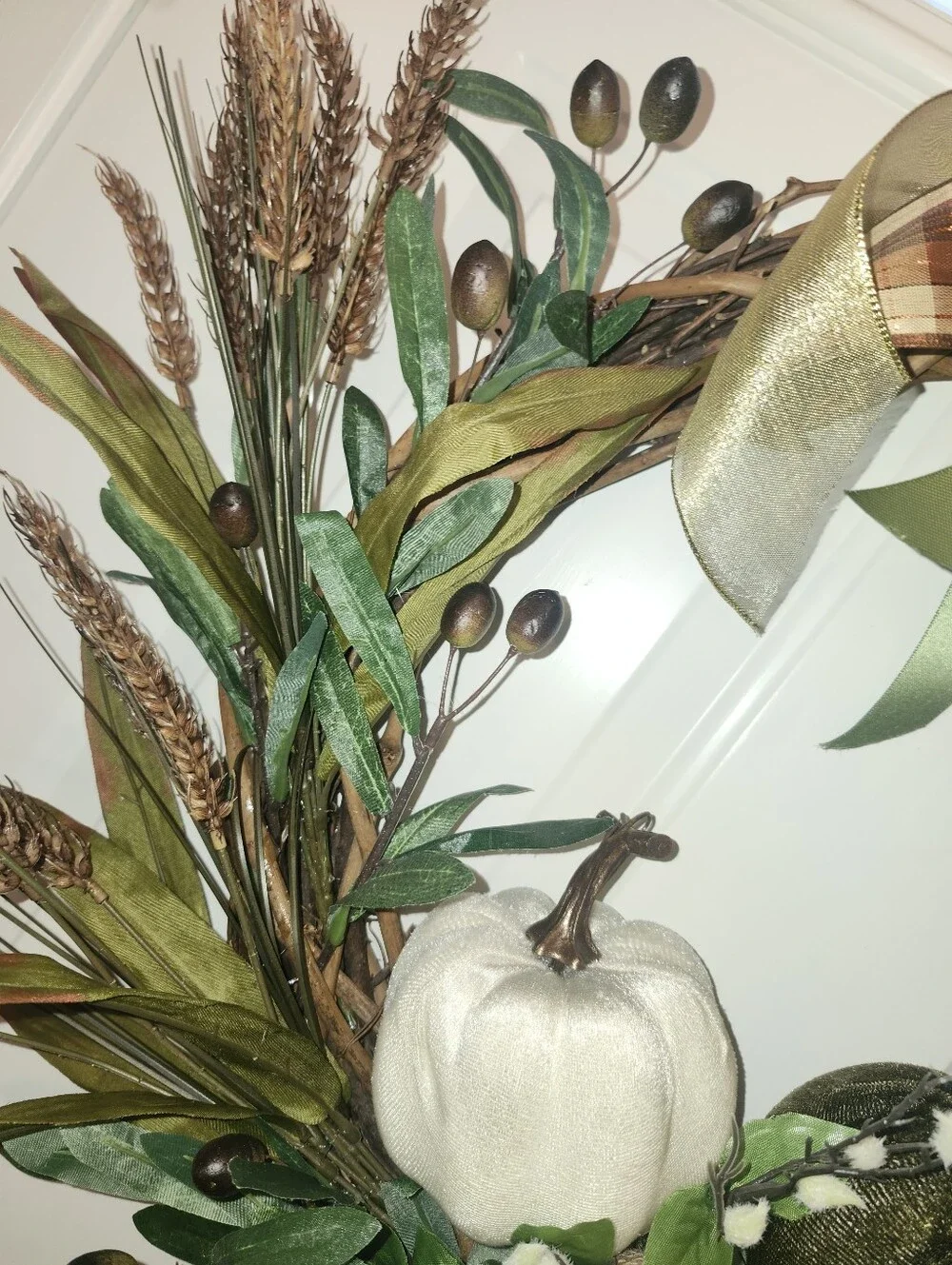 Fall Wreath, 3 Textured Pumpkins, Faux Florals, Approx 20